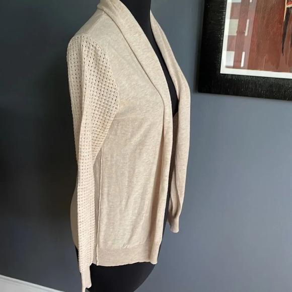 Joan Vass camel wool blend narrow shawl collar punched waffle sleeve cardigan. M - Picture 3 of 7
